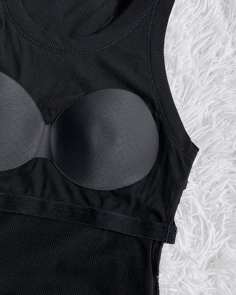 Built-in Bra Ribbed Round Neck Tank Top