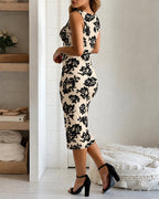 Women's Vintage Flocking Rose Midi Dress Square Neck Sleeveless Bodycon Dress Elegant Club Party Gown