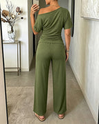 Women's Skew Neck 2 Piece Outfits Ruched Tie Waist Short Sleeve Top and High Waisted Wide Leg Pants Lounge Set