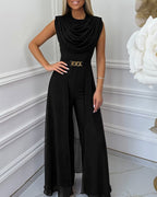 Women's Cowl Neck Wide Leg Jumpsuit High Waist Sleeveless Chiffon Overlay Spliced Evening Overalls with Belt