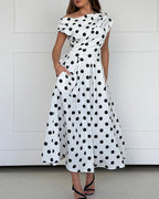 Women's Skew Neck Polka Dot Maxi Dress Ruched A-Line Swing Dress Elegant Party Cocktail Dress with Pockets