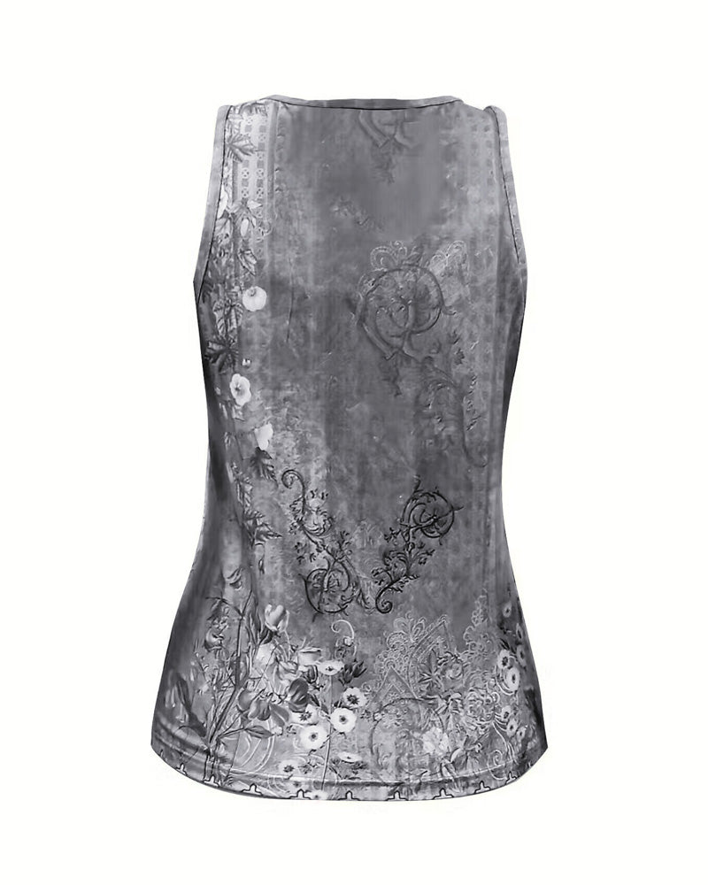 Women's Casual Floral Print Tank Top Sleeveless Notch Neck Vest with Rhinestone Accents
