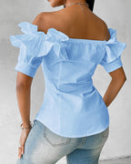 Ruffles Off Shoulder Short Sleeve Button Front Blouse Asymmetrical Hem Top