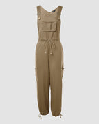 Women's Cotton Linen Jumpsuit Cargo Utility Overalls Adjustable Straps Drawstring Suspender Jumpsuit