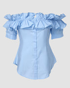 Ruffles Off Shoulder Short Sleeve Button Front Blouse Asymmetrical Hem Top