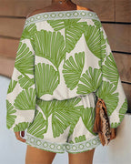 Women's Tropical Leaf Print 2 Piece Set Skew Neck Lantern Sleeve Top and Elastic Waist Shorts with Pockets & Lace