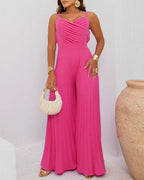Women's Pleated Wide Leg Jumpsuit Spaghetti Strap High Waisted Shirred Backless Flared Overalls
