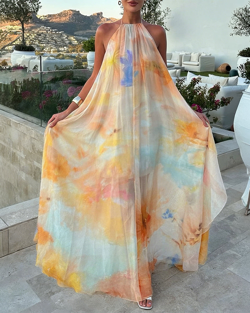 Women's Tie Dye Print Chiffon Maxi Dress Halter Neck Backless Tied Flowy A-Line Long Dress for Vacation