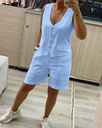 2 Pieces Outfit V Neck Button Front Flap Detail Vest Top and Casual Pockets Design Zipper Fly Elastic Back Waist Shorts Set