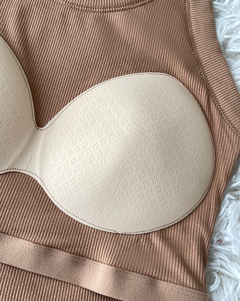 Built-in Bra Ribbed Round Neck Tank Top