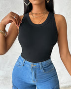Built-in Bra Ribbed Round Neck Tank Top