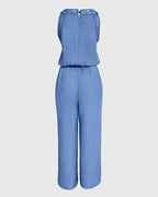 Women's Halter Jumpsuit Lace Trim Backless Overalls Tied Detail Wide Leg Jumpsuit with Pockets