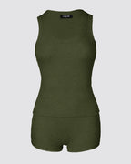 2PCS Micro-Ribbed U-Neck Tank Top & Boxer Set Cozy Loungewear