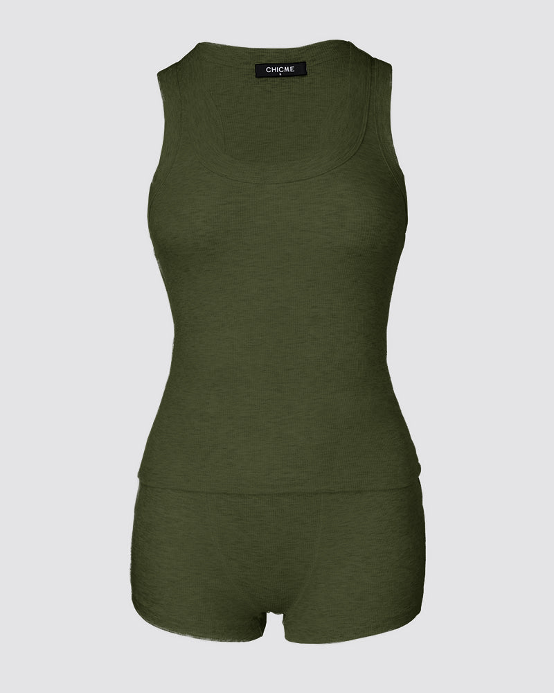 2PCS Micro-Ribbed U-Neck Tank Top & Boxer Set Cozy Loungewear