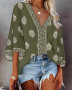 Floral Print V Neck Long Sleeve Blouse Casual Loose Fit Top