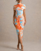Women's Tie Dye Mock Neck Cape Design Bodycon Dress Sexy Ruched Draped Slit Party Cocktail Dress