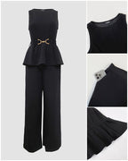 Women's 2 Piece Outfits Sleeveless Peplum Top and Wide Leg Pants Set Elegant Gold Belt Business Work Suits