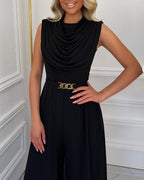 Women's Cowl Neck Wide Leg Jumpsuit High Waist Sleeveless Chiffon Overlay Spliced Evening Overalls with Belt