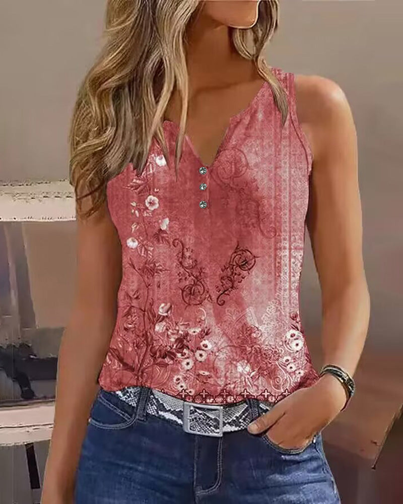 Women's Casual Floral Print Tank Top Sleeveless Notch Neck Vest with Rhinestone Accents