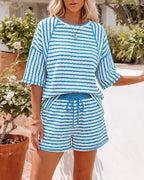 Women's Striped Textured 2 Piece Set Crewneck Raglan Half Sleeve Top and Elastic Drawstring Shorts Casual Loungewear
