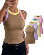 Women's Contrast Trim Ribbed Tank Top Slim Fit Sleeveless Round Neck Basic Camisole for Streetwear & Layering