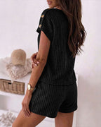 Women's Ribbed Knit 2 Piece Outfits V Neck Short Sleeve Top and Drawstring Shorts Set Casual Lounge Suits with Pockets
