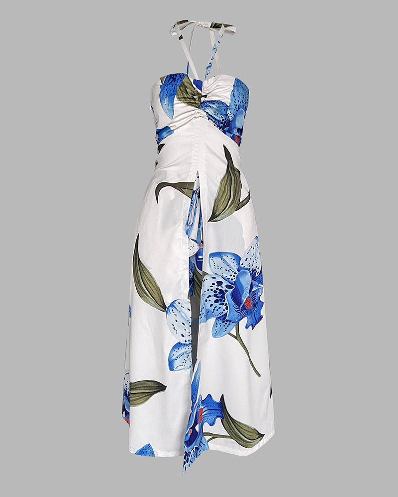 2 Pieces Outfit Floral Print Halter Slit Long Top and Casual Drawstring Shorts Set with Pockets