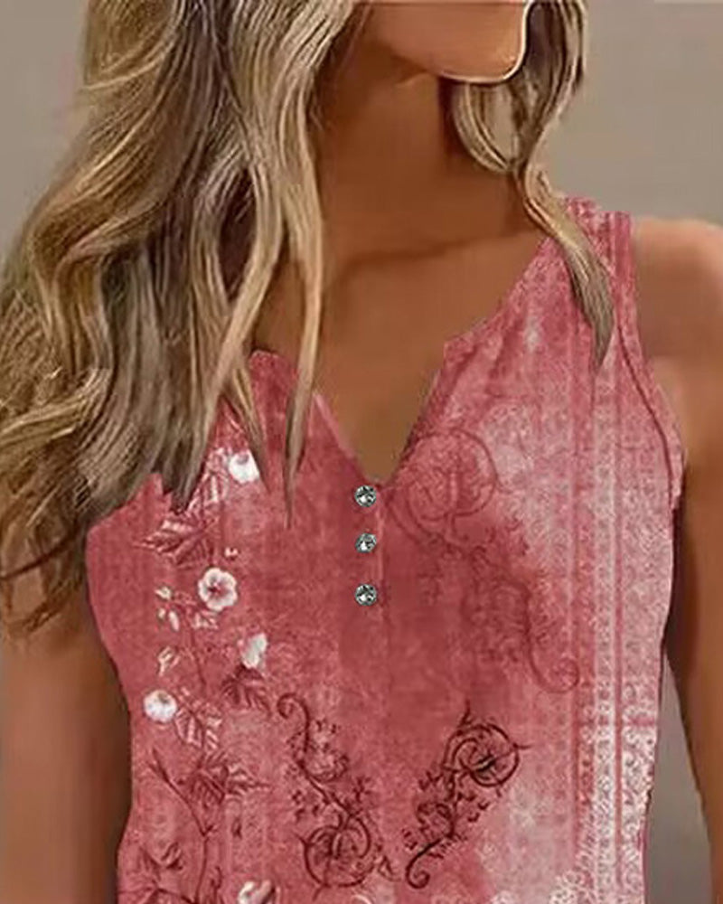 Women's Casual Floral Print Tank Top Sleeveless Notch Neck Vest with Rhinestone Accents