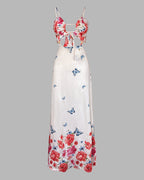 Women's Floral Butterfly Print Maxi Dress Backless Cutout Cami Sundress Ruched Tied Detail Flowy Vacation Dress