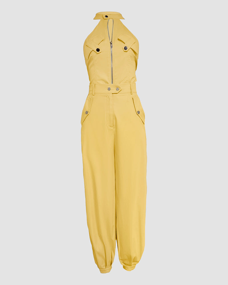 2 Pieces Outfits Sleeveless High Neck Cargo Pockets Design Top And Casual Cuffed Long Pants Set