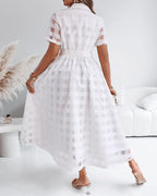 Women's Sheer Plaid Maxi Dress Short Sleeve Double Layer Swing Vacation Dress Elegant Flowy A Line Dress with Belt