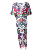Women's Sexy Deep V Neck Abstract Print Maxi Dress Drawstring Ruched Front Slit Half Sleeve Bodycon Dress