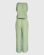 Women's Halter Jumpsuit Lace Trim Backless Overalls Tied Detail Wide Leg Jumpsuit with Pockets