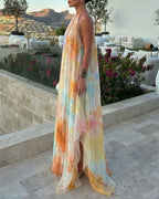 Women's Tie Dye Print Chiffon Maxi Dress Halter Neck Backless Tied Flowy A-Line Long Dress for Vacation