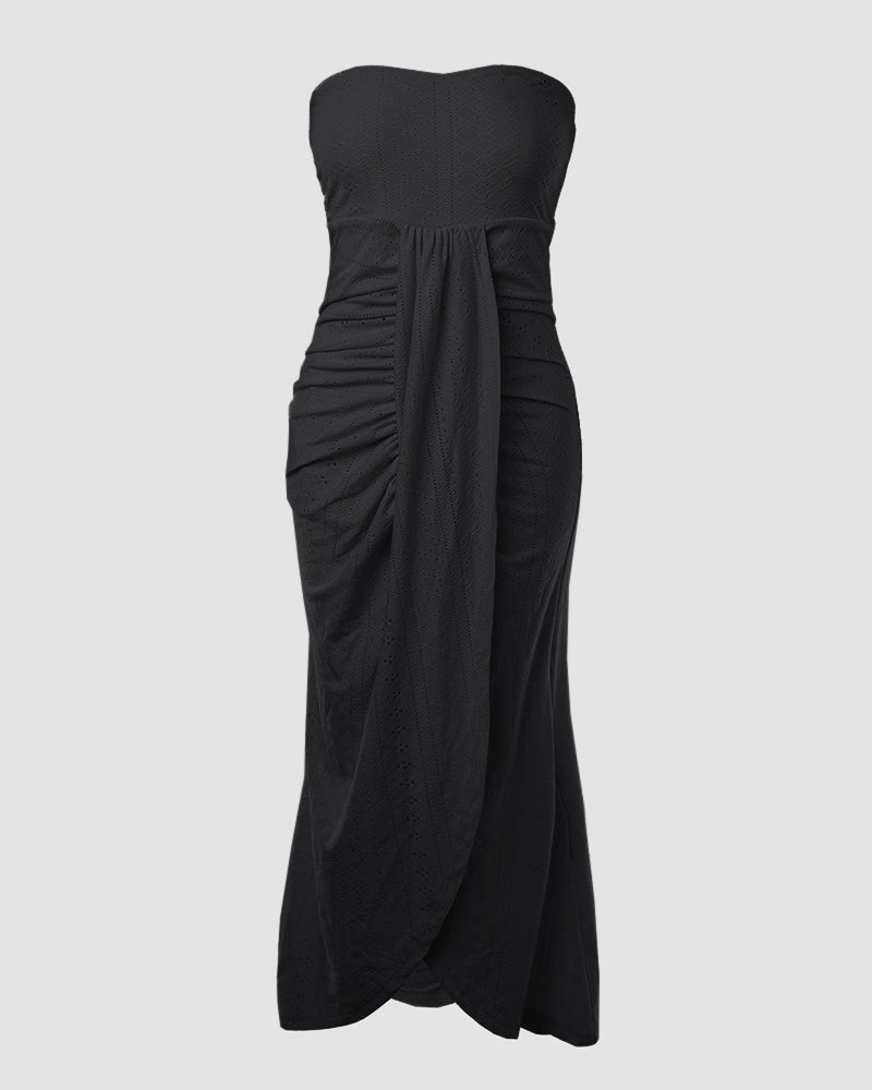 Sleeveless Ruched Cinched Waist Draped Bandeau Dress Eyelet Embroidery Slit Asymmetrical Hem Vacation Dress