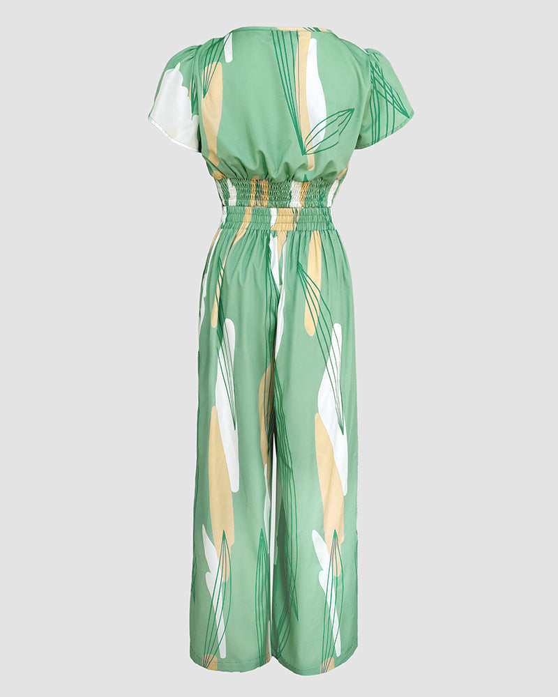 2 Pieces Outfit V Neck Petal Sleeve Tie Front Shirred Back Hem Crop Top and High Waist Elastic Back Waist Wide Leg Pants Set Casual Colorblock Abstract Print Set