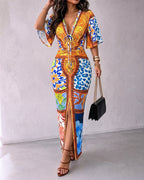 Women's Vintage Baroque Print Maxi Dress Sexy V Neck Ruched Drawstring Bodycon Dress High Slit Party Dress