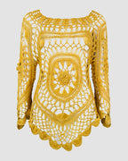 Women's Crochet Hollow Out Knit Top Batwing Sleeve Loose Cover Up Asymmetric Hem Sheer Bohemian Knitwear