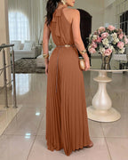 Women's Halter Tie Wide Leg Jumpsuit Pleated High Waist One-Piece Romper Elegant Sleeveless Evening Party Jumpsuit without Waist Chain