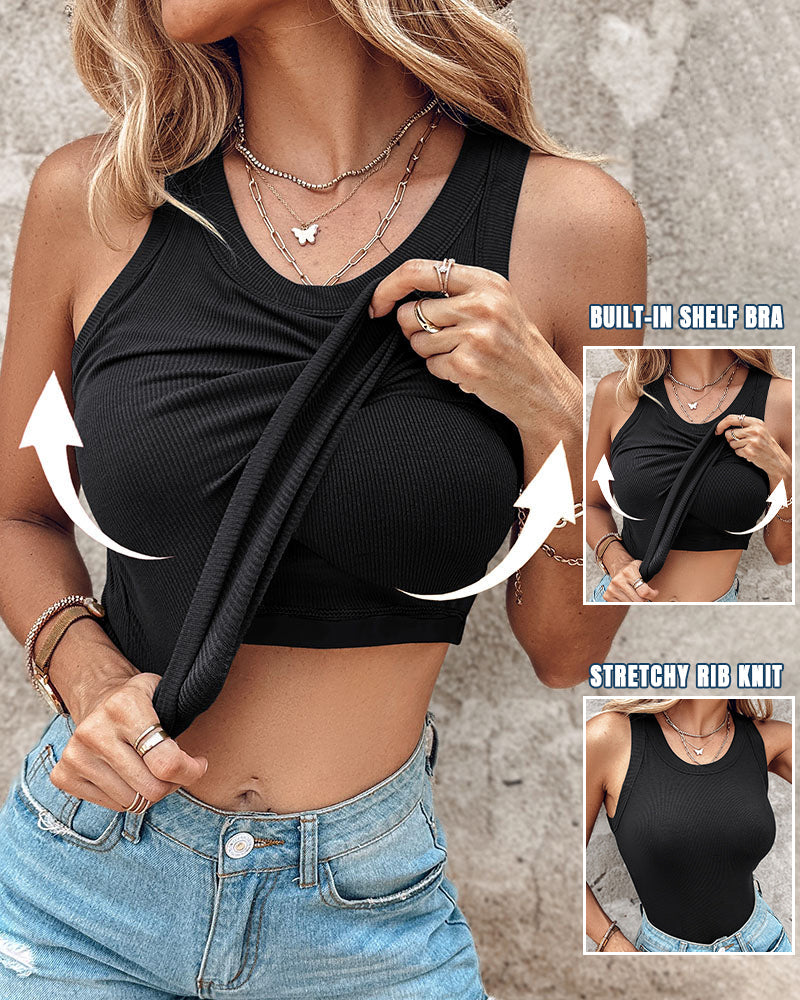 Built-in Bra Ribbed Round Neck Tank Top