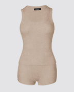 2PCS Micro-Ribbed U-Neck Tank Top & Boxer Set Cozy Loungewear