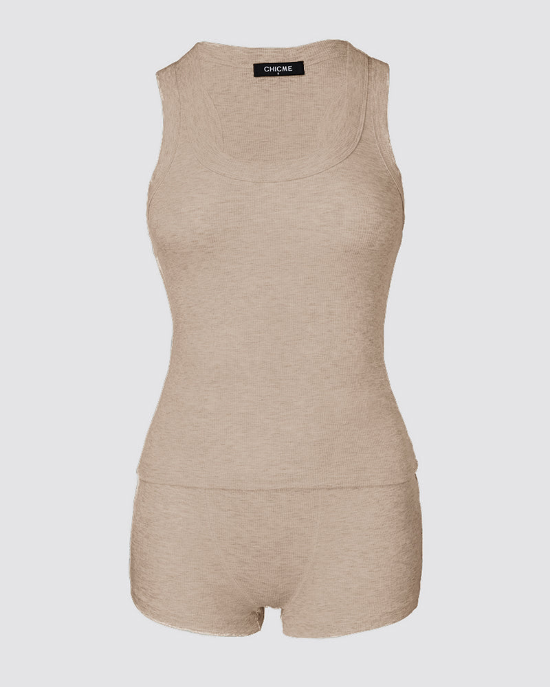 2PCS Micro-Ribbed U-Neck Tank Top & Boxer Set Cozy Loungewear