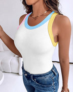 Women's Contrast Trim Ribbed Tank Top Slim Fit Sleeveless Round Neck Basic Camisole for Streetwear & Layering