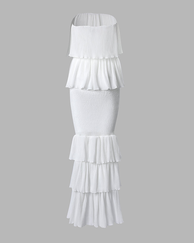 Layered Ruffle Shirred Slim Fit Strapless Dress Textured Maxi Party Dress
