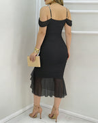 Women's Off Shoulder Mesh Dress Pearls Decor Strap Ruched Bodycon Dress Ruffle Hem Slit Evening Party Dress