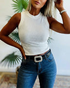 Rhinestone Decor O-neck Sleeveless Knit Tee Slim Fit Tank Top