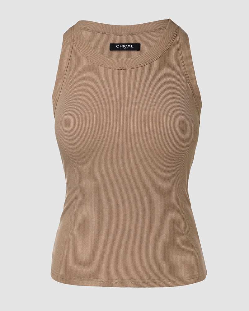 Built-in Bra Ribbed Round Neck Tank Top