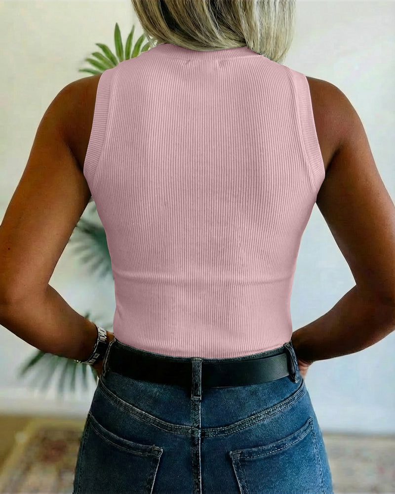 Rhinestone Decor O-neck Sleeveless Knit Tee Slim Fit Tank Top