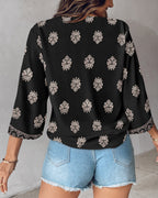 Floral Print V Neck Long Sleeve Blouse Casual Loose Fit Top