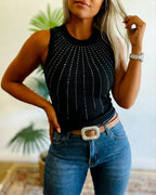 Rhinestone Decor O-neck Sleeveless Tank Slim Fit Ribbed Tank Top